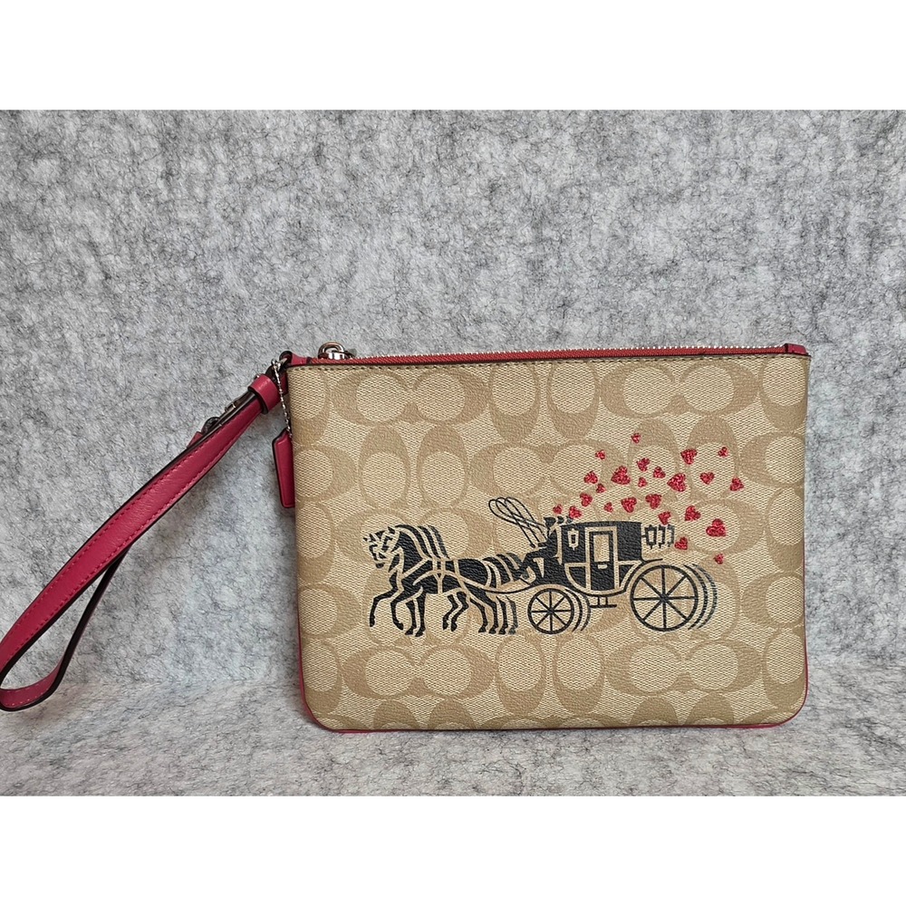 Coach Large Wristlet Signature Canvas Horse Carriage Heart Pink 91543 NWOT